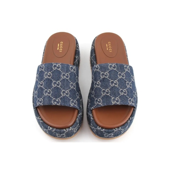 Gucci Platform Slides Angelina New Denim GG Blue Tea Platform Sandals Size EU 39 - Picture 3 of 4